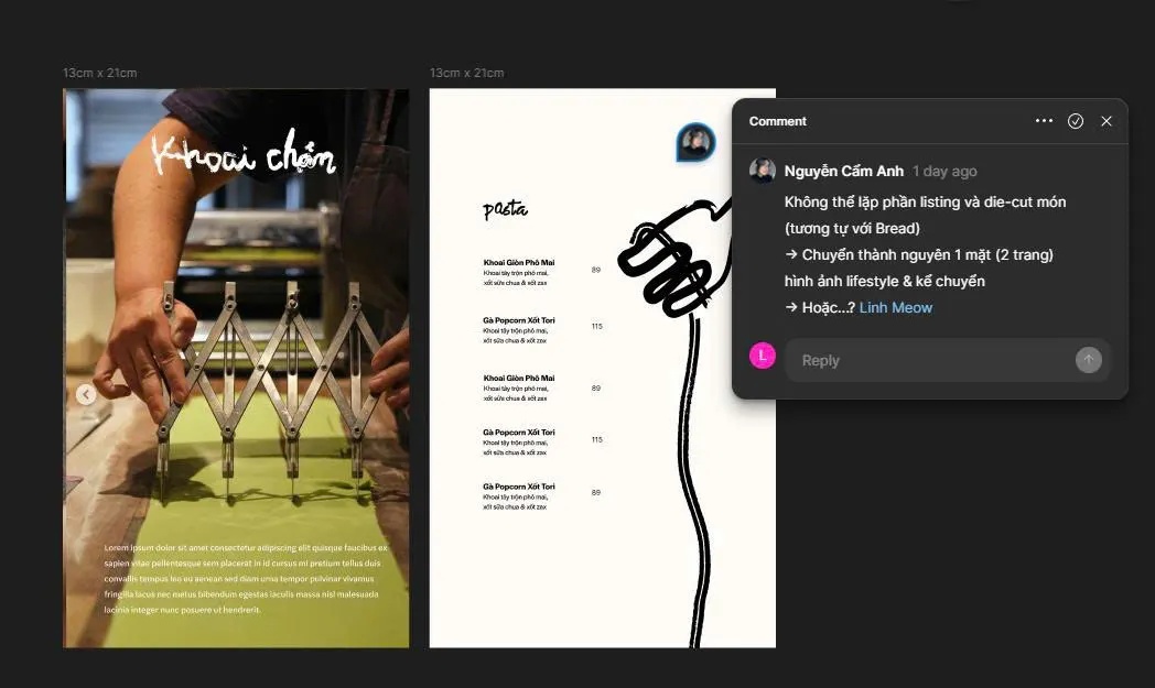 Two menu pages on a dark Figma canvas: a photo of hands on a pasta machine with a handwritten title, and a cream page with a pasta list and a black line drawing of a hand; a comment panel beside them.
