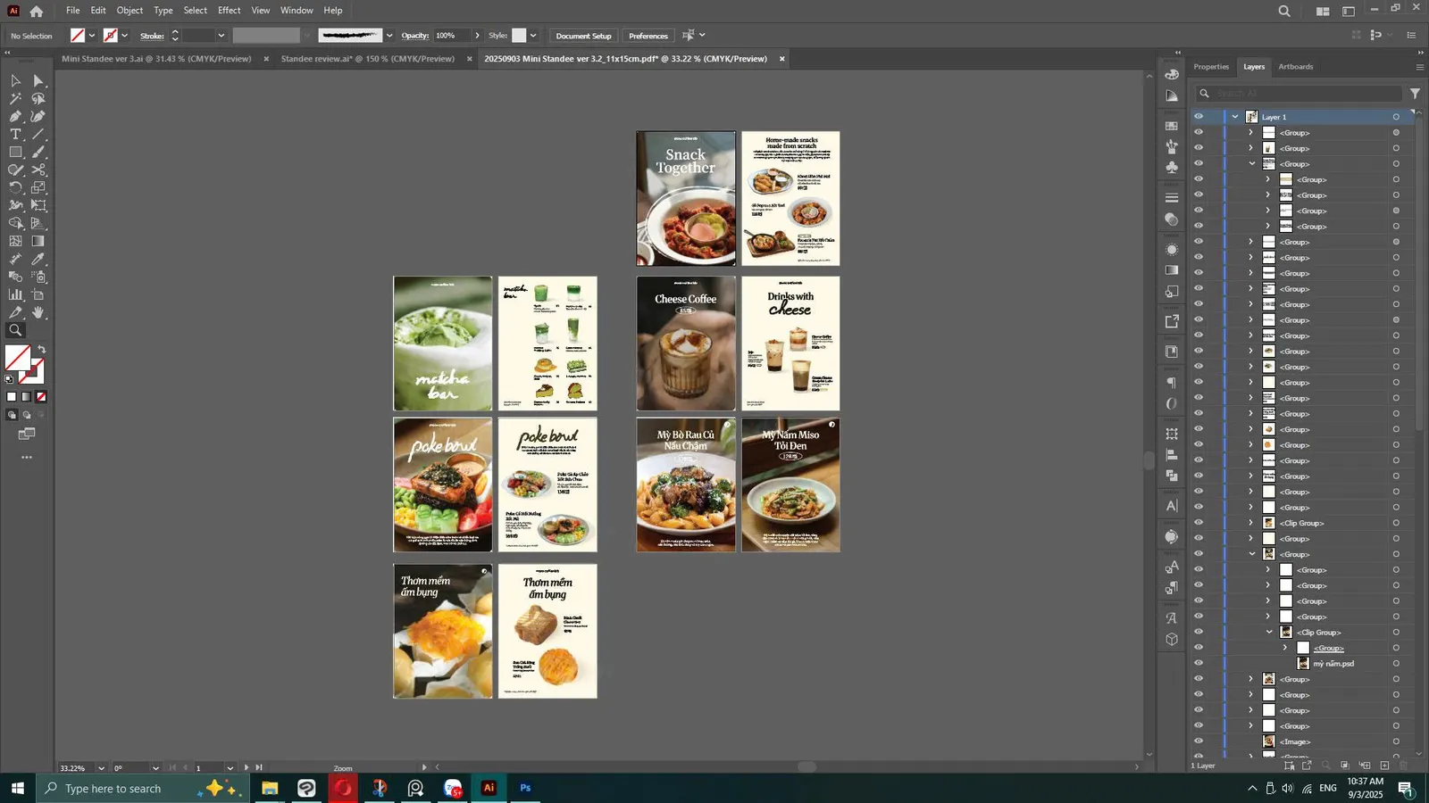 A design screen in Adobe Illustrator showing small menu cards with food photos and their matching price cards, side by side.