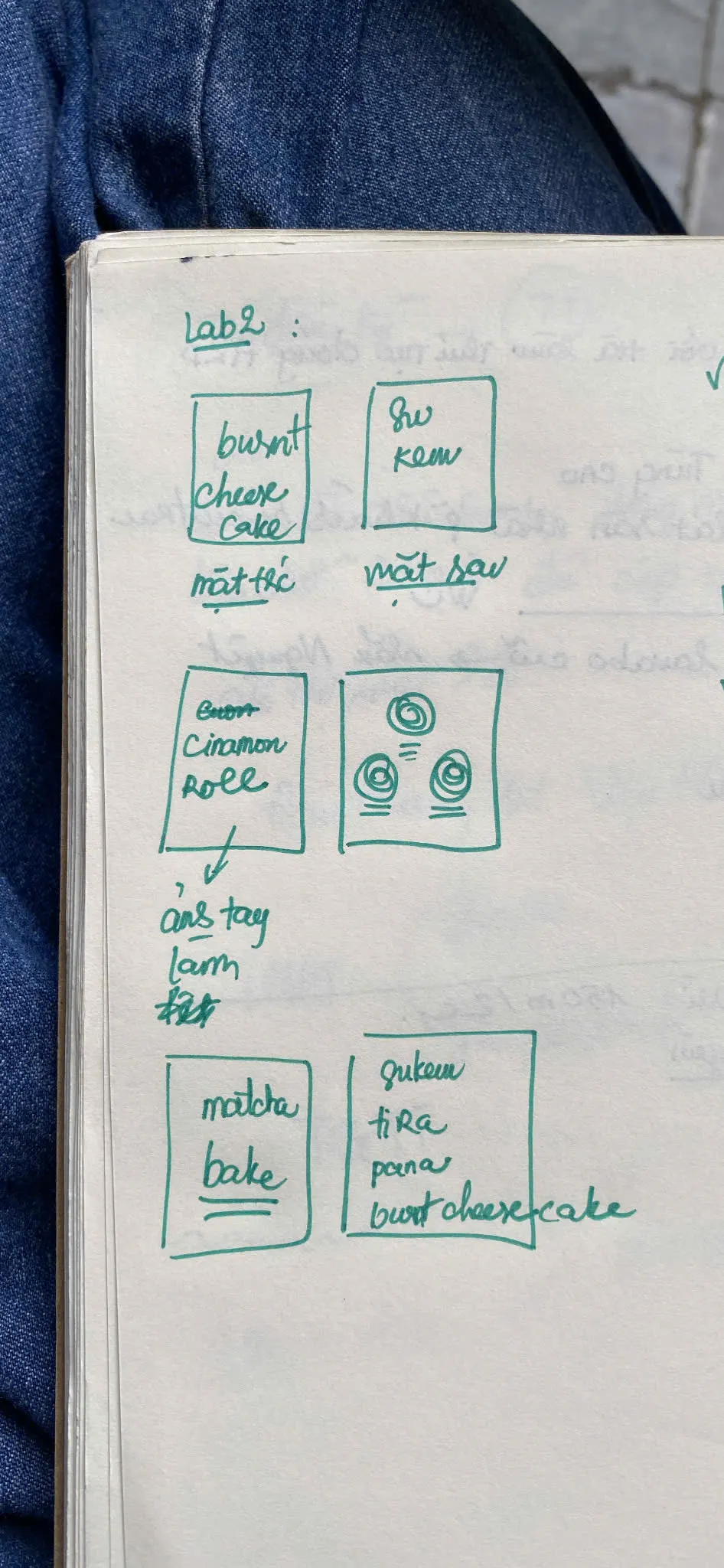 A handwritten sketch of a menu layout in a notebook: boxes with small drawings and the names of cakes and dishes in green ink.