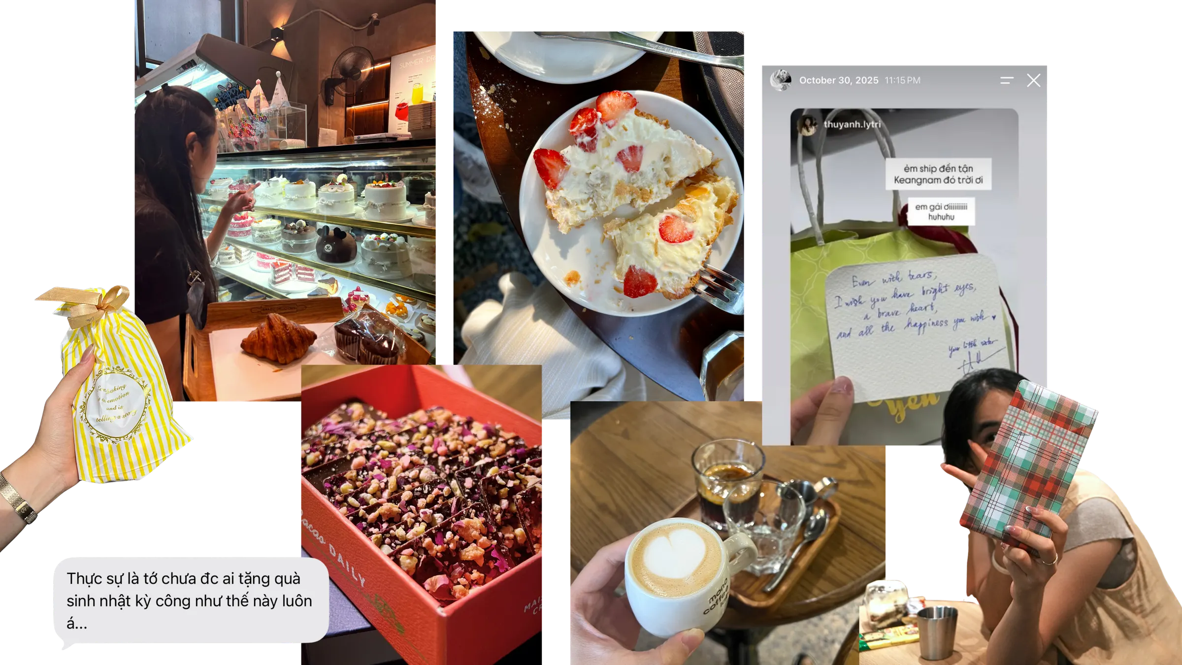 A collage of café and gift moments: a hand holding a striped gift bag tied with gold ribbon, a woman choosing from a cabinet of cakes, a plate of strawberry cream cake, a friend’s Instagram story with a handwritten note, a red box of chocolate bark, a hand holding a cappuccino, a woman holding up a check-wrapped gift, and a chat bubble reading “Thực sự là tớ chưa đc ai tặng quà sinh nhật kỳ công như thế này luôn á...”
