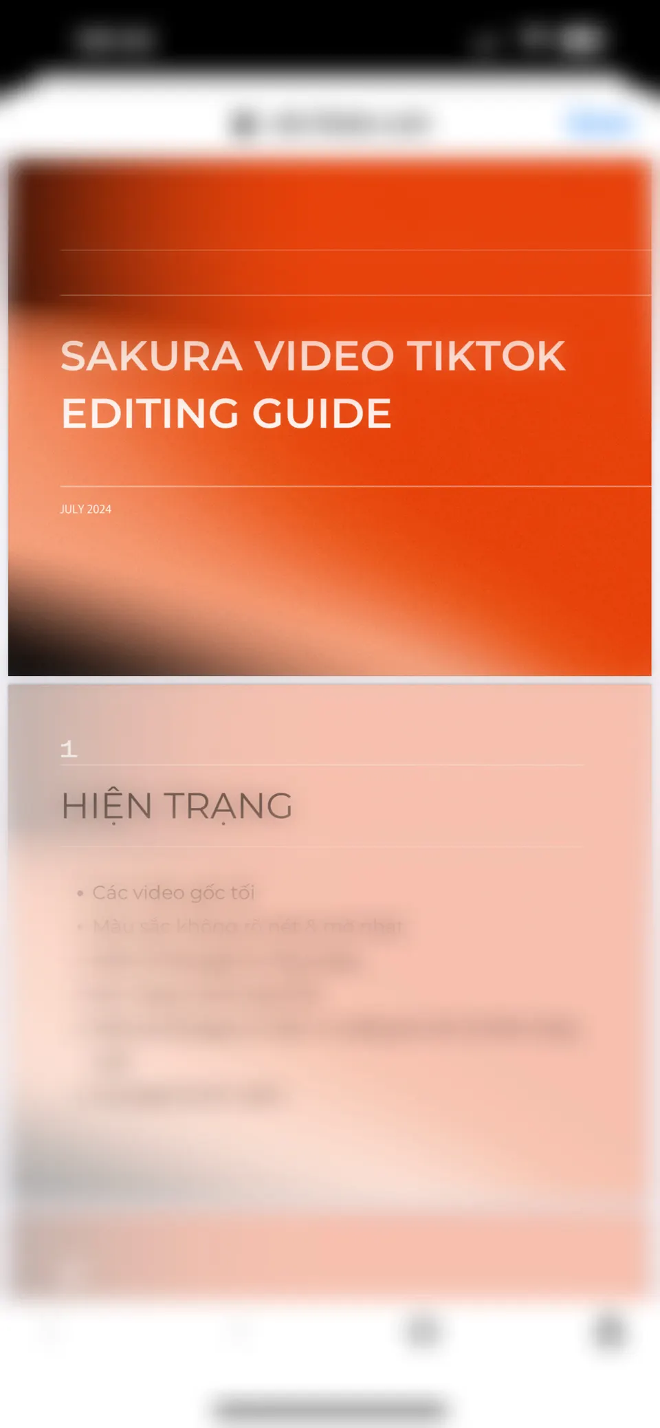 The cover of a document, “Sakura video TikTok editing guide”, with an orange header and a blurred contents page below.