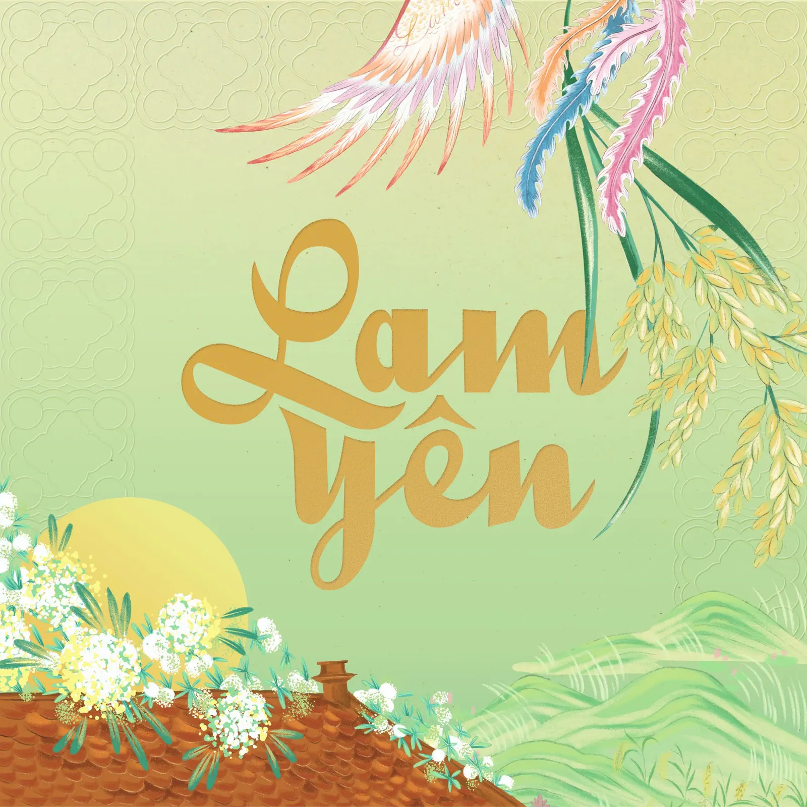 The Lam Yên brand illustration: the golden script name “Lam Yên” on a pale green ground, with pink and blue birds, rice stalks, white blossom and a low sun.