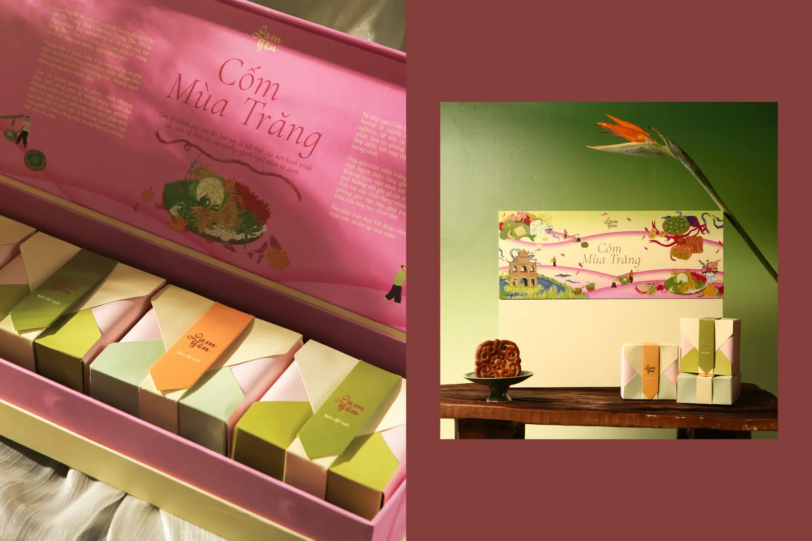 An elaborate pink box of pastel-wrapped mooncakes lettered “Cốm Mùa Trăng”, next to a styled photo of the box on a table against a green wall.