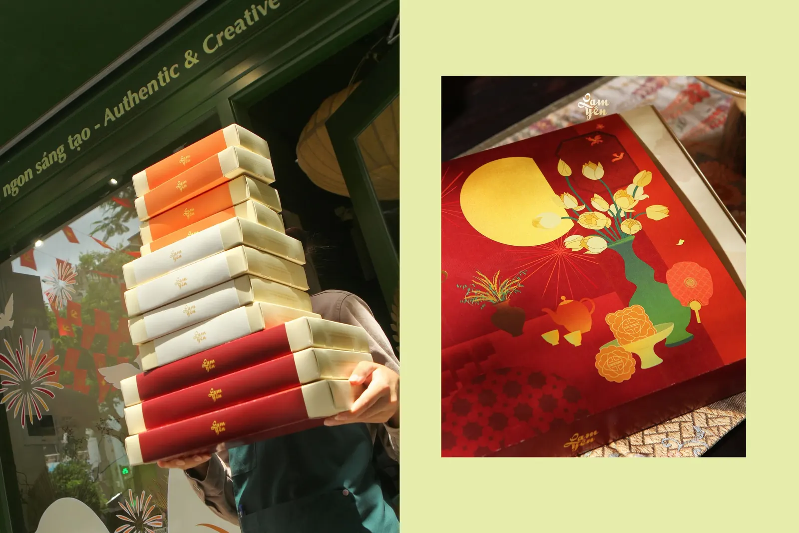 A stack of simple orange and red wrapped mooncake boxes carried in both arms outside the shop, beside a red box printed with a mid-autumn illustration.