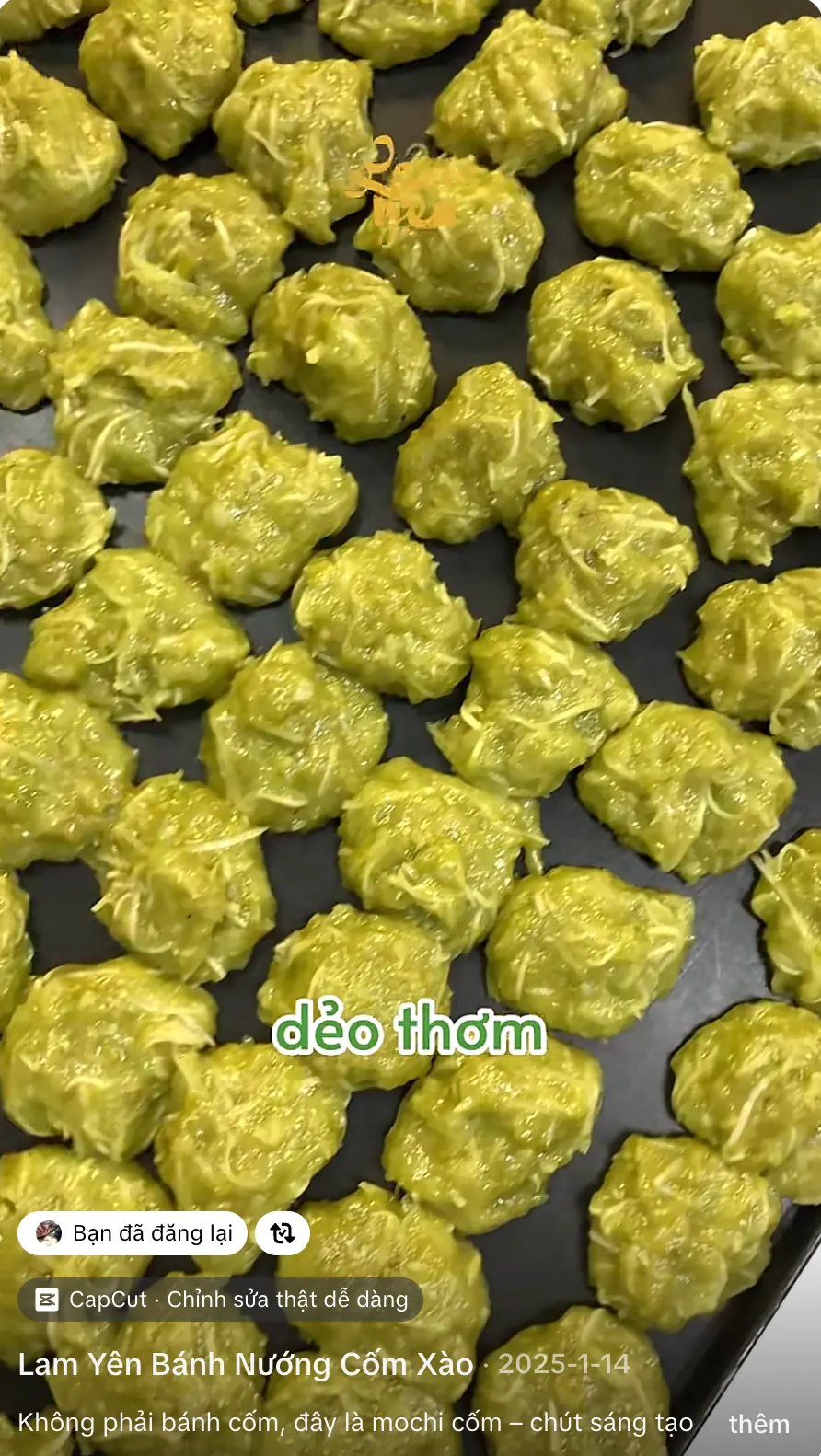 A video still: rows of green cốm mochi on a dark tray, with the words “dẻo thơm”.