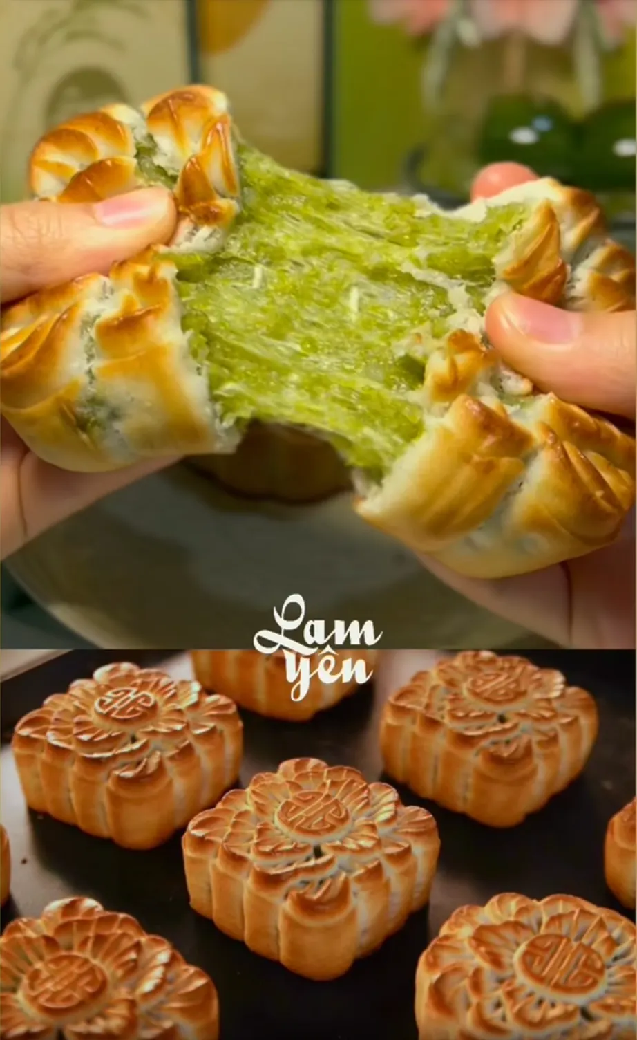 A video still: hands pull a mooncake apart over a speckled plate, with a tray of stamped mooncakes below and the Lam Yên logo.