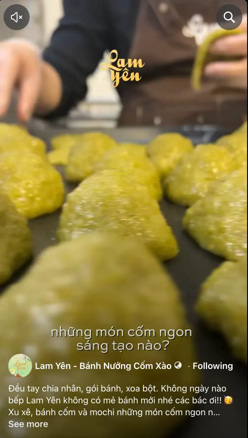 A video still: a tray of yellow-green cốm rounds, with the Lam Yên logo and the words “những món ngon sáng tạo nào?”.