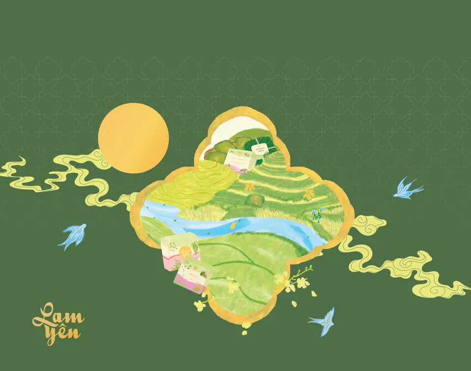 A dark green seasonal paper bag: a golden moon, ribbons of pale cloud, blue swallows and a four-lobed window onto green rice terraces, with the golden “Lam Yên” logo.