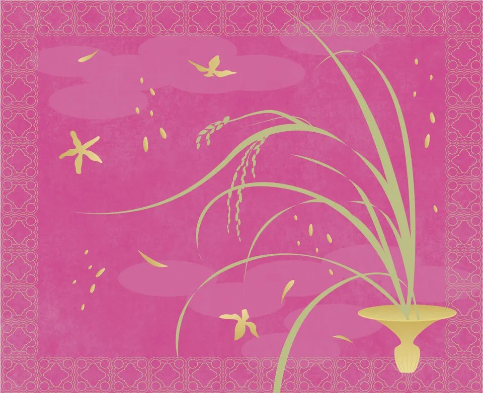 The back of a pink seasonal paper bag: a rice plant in a golden vase, golden petals and swallows, inside a lace-like quatrefoil border.