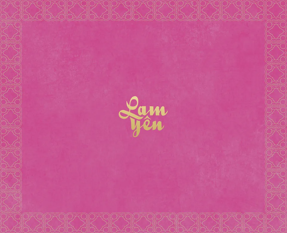 The front of the pink seasonal paper bag: a plain pink panel with a lace-like quatrefoil border and the golden “Lam Yên” logo.