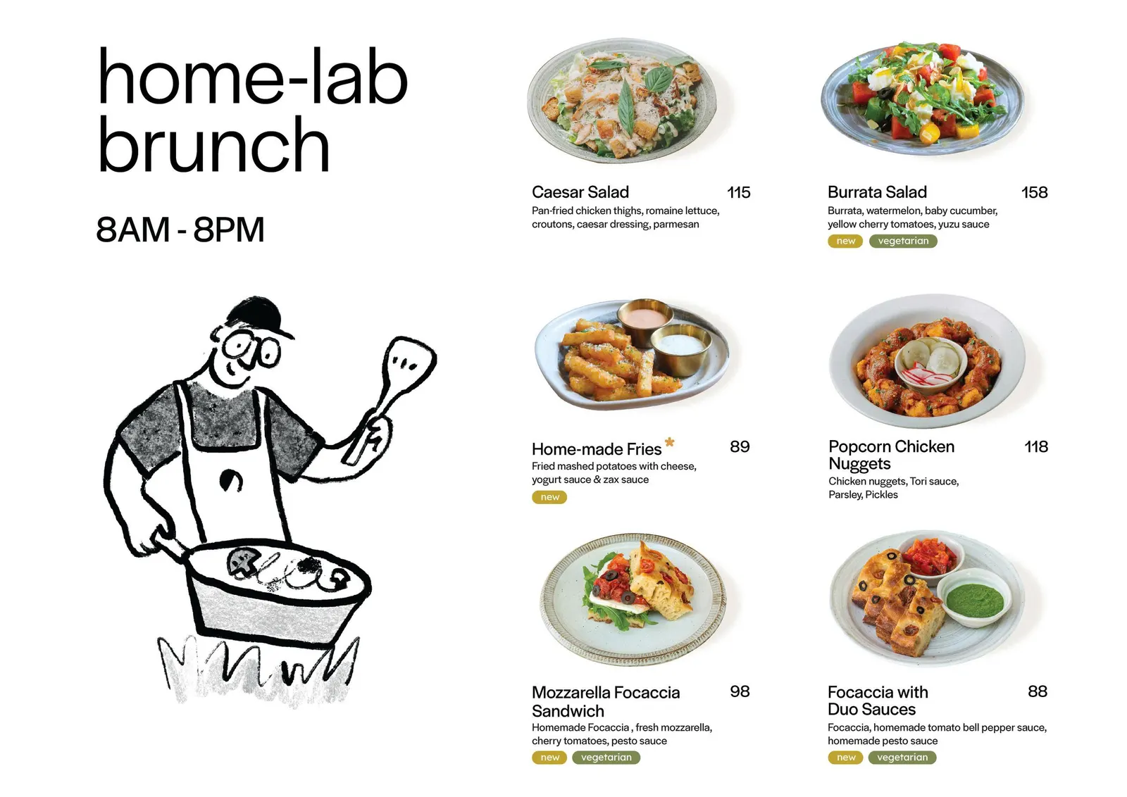 A menu spread, “home-lab brunch 8AM - 8PM”, with the cook drawing and photographed dishes: salads, fries, pasta, focaccia.
