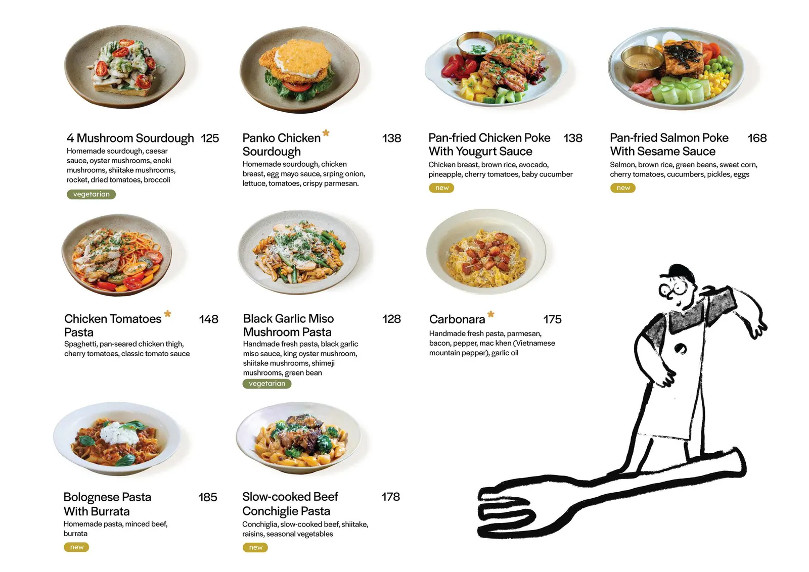 A menu spread of brunch dishes: sourdough, sandwiches, poke bowls and pasta, with prices.