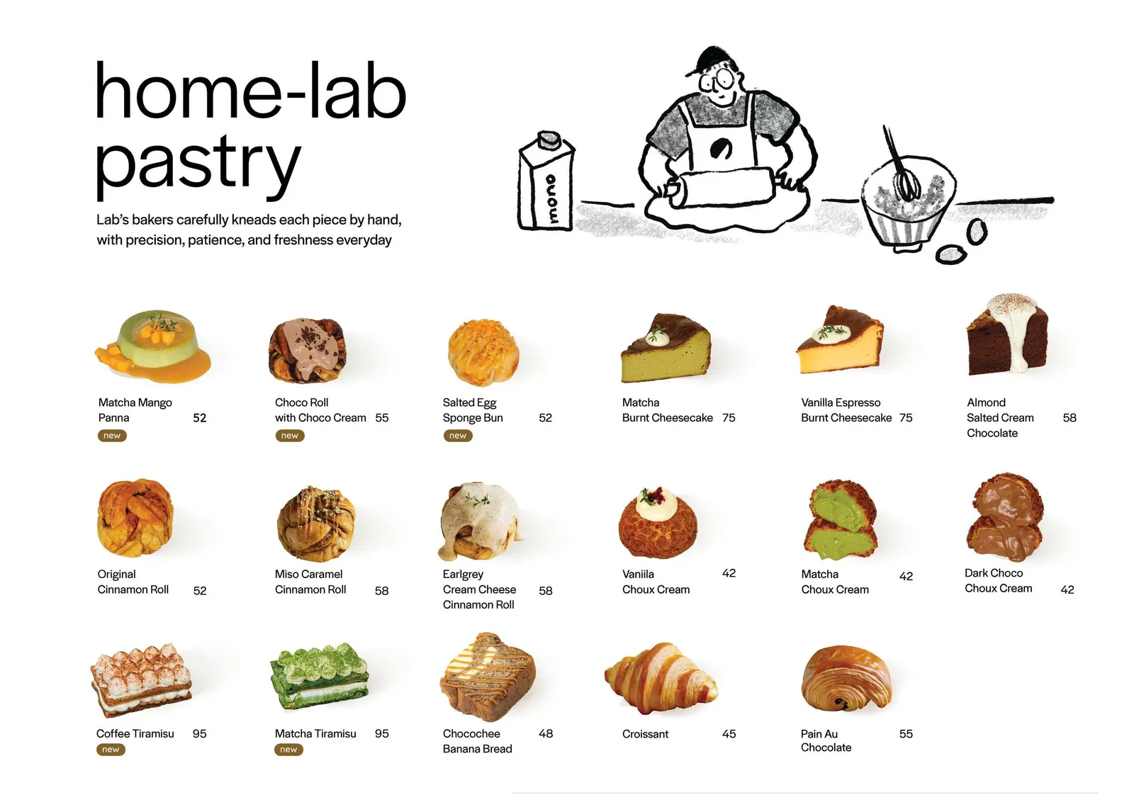 A menu spread, “home-lab pastry”, with a drawing of a baker and photographed cakes, buns and croissants.