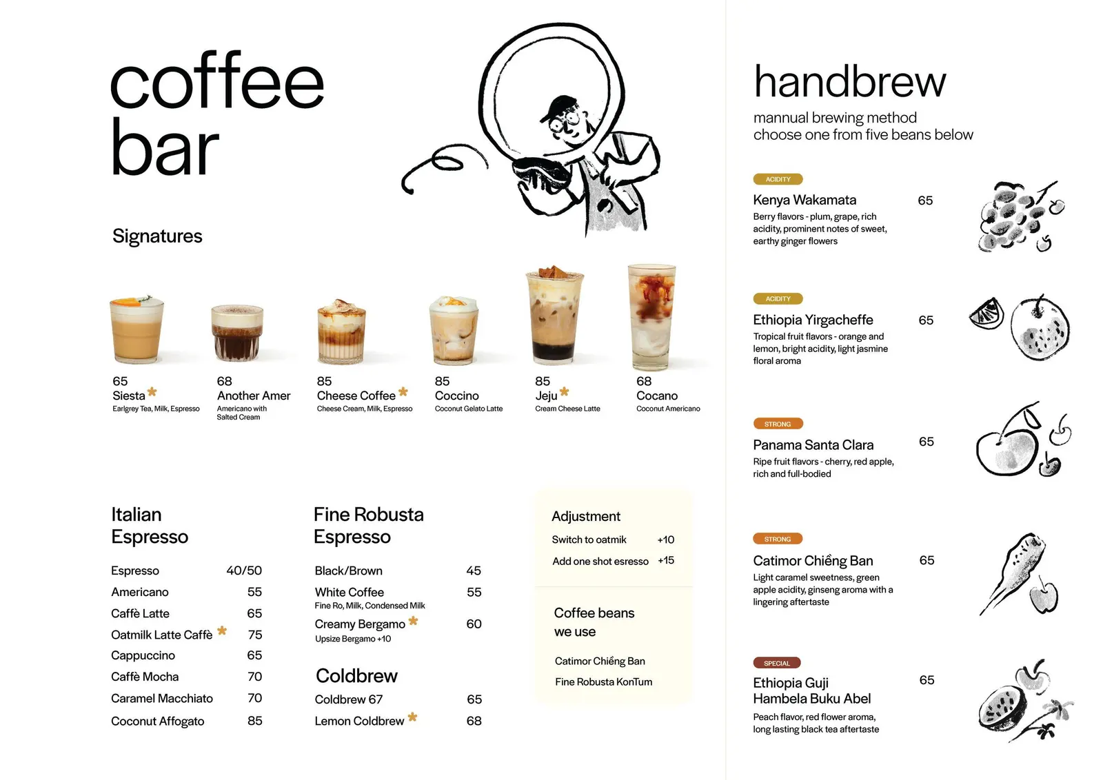 A menu spread, “coffee bar”, with a drawing of a barista and photographed signature drinks, espresso and handbrew lists.