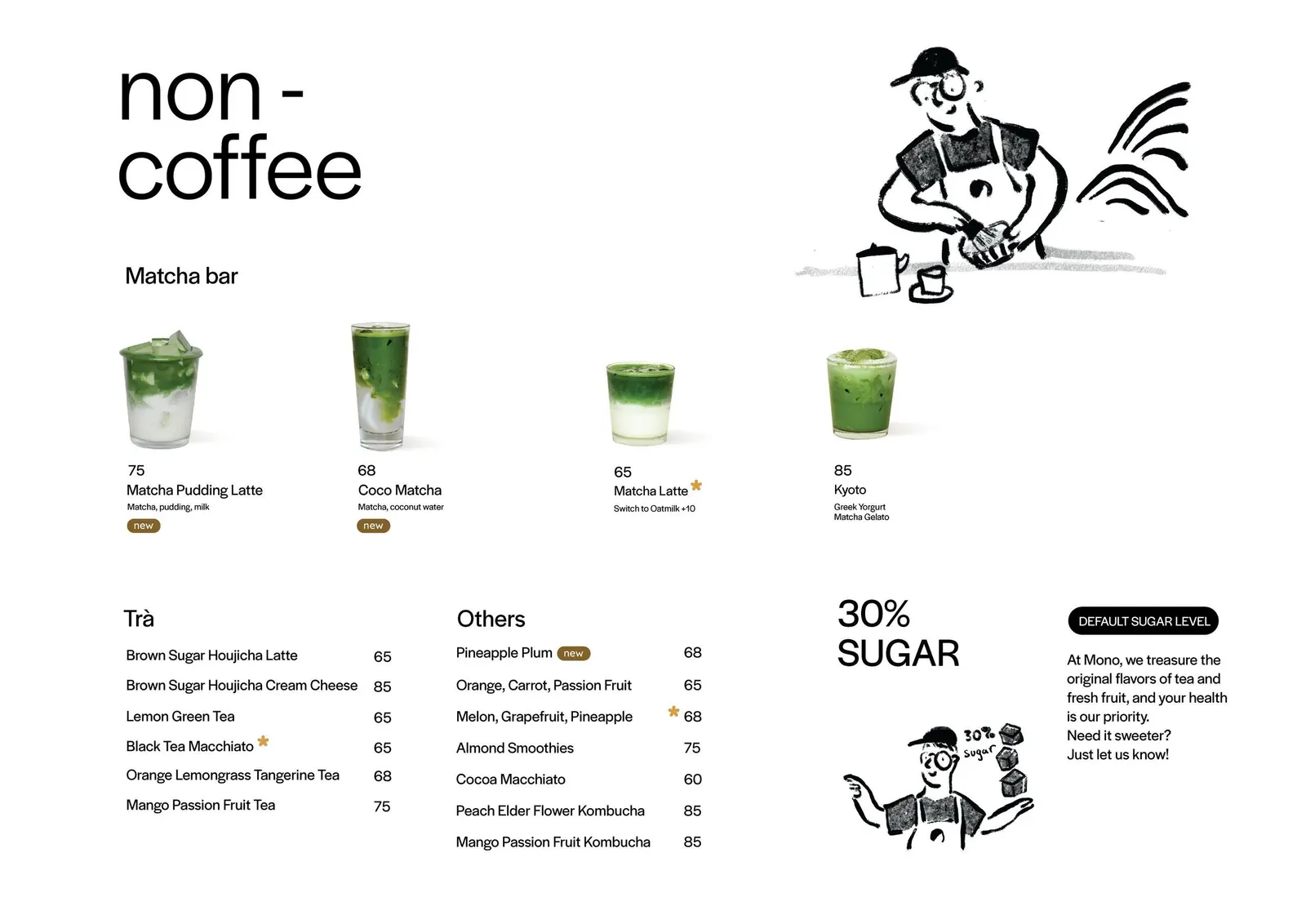 A menu spread, “non-coffee”, with a drawing of a figure with matcha cups and photographed green drinks.